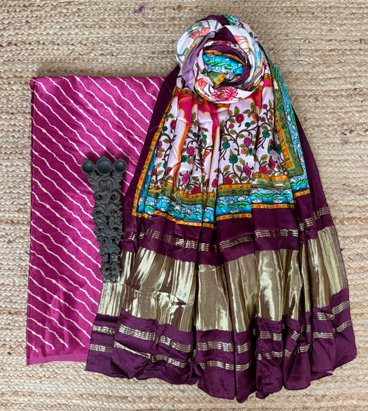 Purple leheriya mashru silk kurta with patola pichwai handcrafted modalsilk dupatta