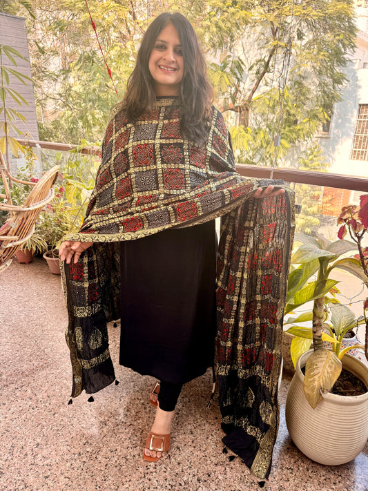 Black solid modal silk suit with ajrakh gharchola handcrafted modal silk dupatta ps-230
