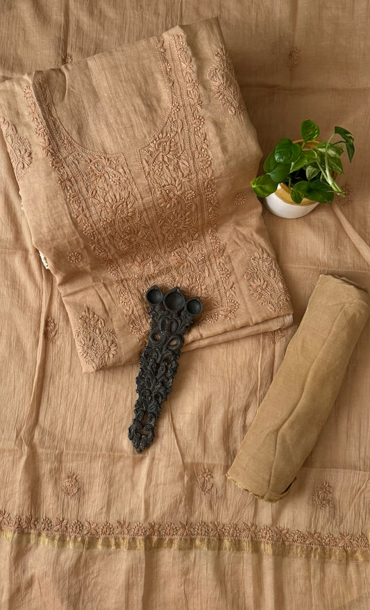 Bronze premium chanderi cotton lucknowi chickenkari hand embroidery three piece suit