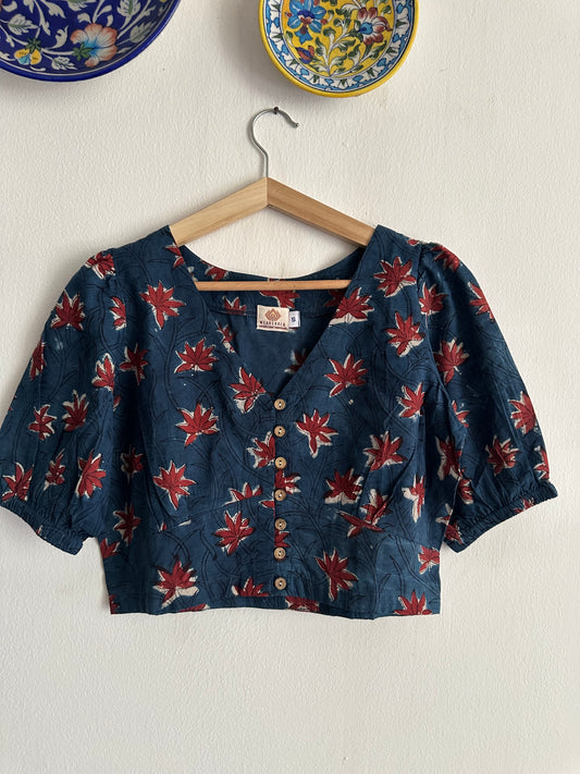Indigo blockprint cotton blouse blouse with wooden button