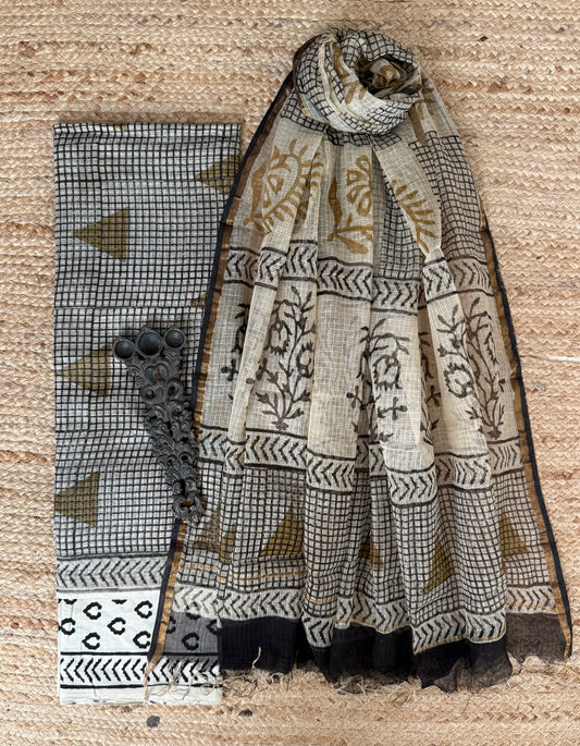 Lvory & Black turquoise kota handblock suit set