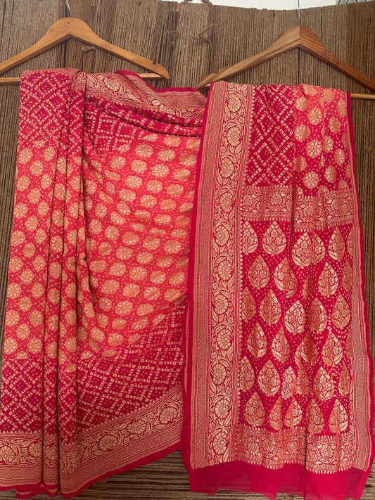 Peach pink handwoven neem zari bareek bandhani saree with khaddi georgette bs- 56