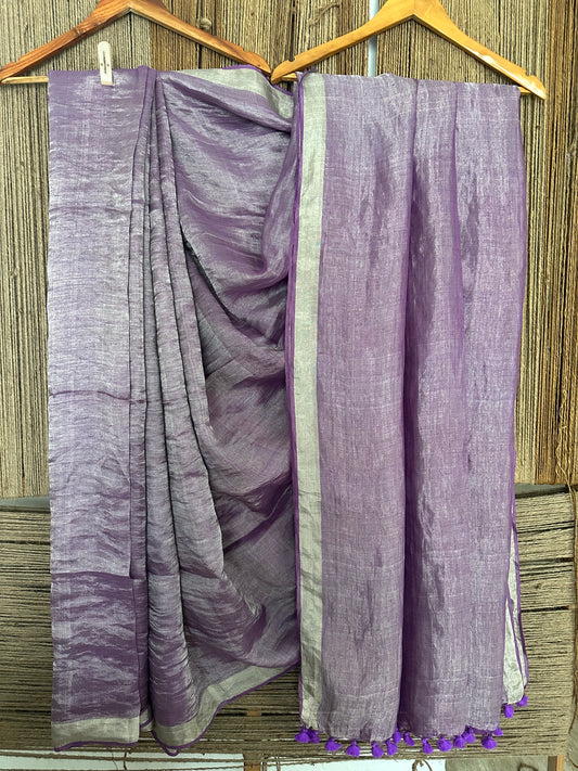 Sunset purple silver metallic linen sari with woven border