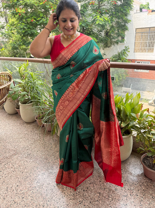 Dark green tussar silk certified handloom banarsi sari with woven zari