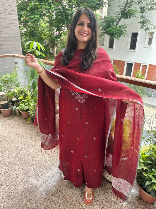 Burgundy maroon woven linen kurta set ljs-1039