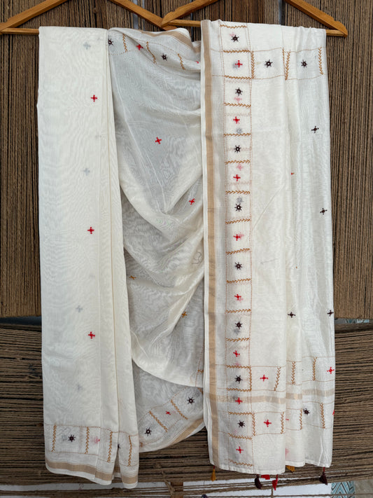 Ivory cream handcrafted hand embroidery mirror work chanderi cotton silk handloom sari