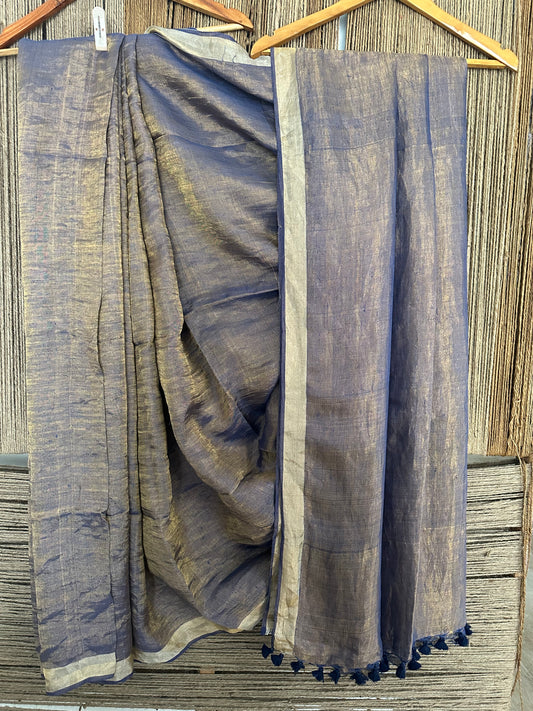 Yale blue gold metallic linen sari with woven border