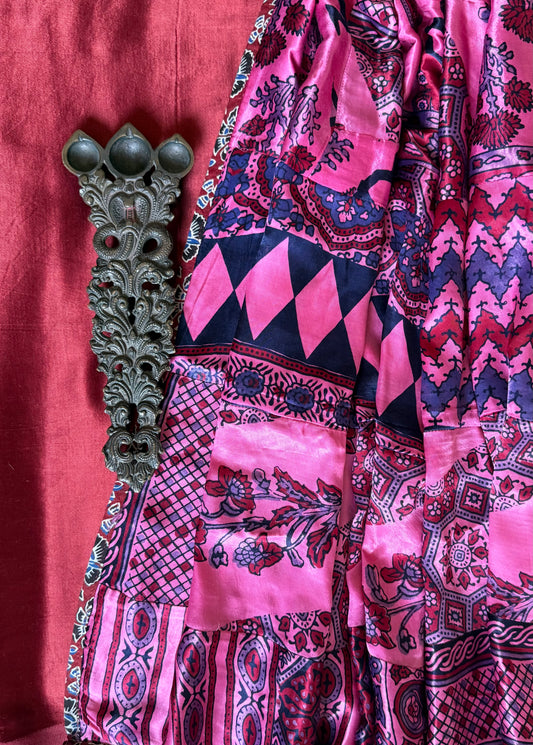 Maroon mashru silk kurta with ajrakh handcrafted patchwork modal silk dupatta