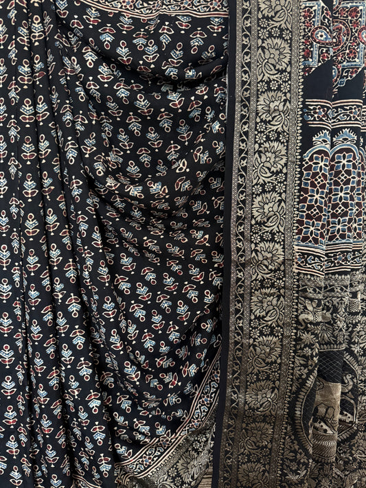 Black dola silk ajrakh zari border sari