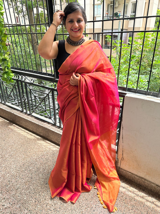 FUSCHIA PINK TISSUE LINEN ZARI SARI WITH WOVEN MAROON BORDER TL-15