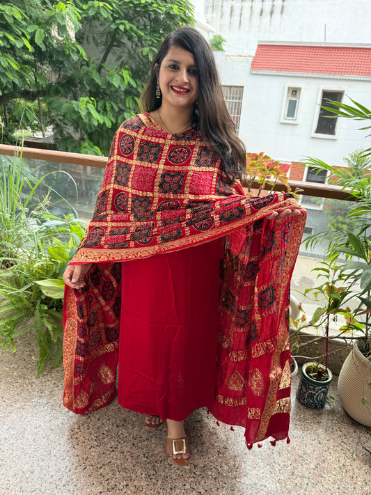 Red solid modal silk suit with ajrakh gharchola handcrafted modal silk dupatta ps-230