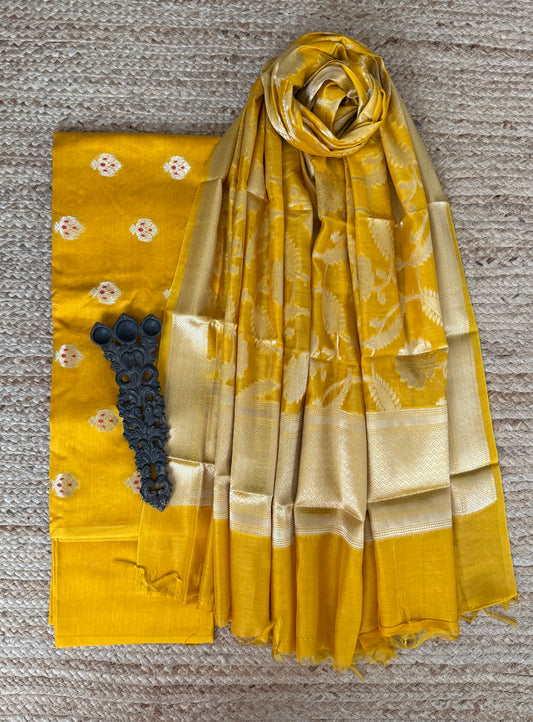 Mustard Yellow chanderi handloom banarsi booti three piece suit