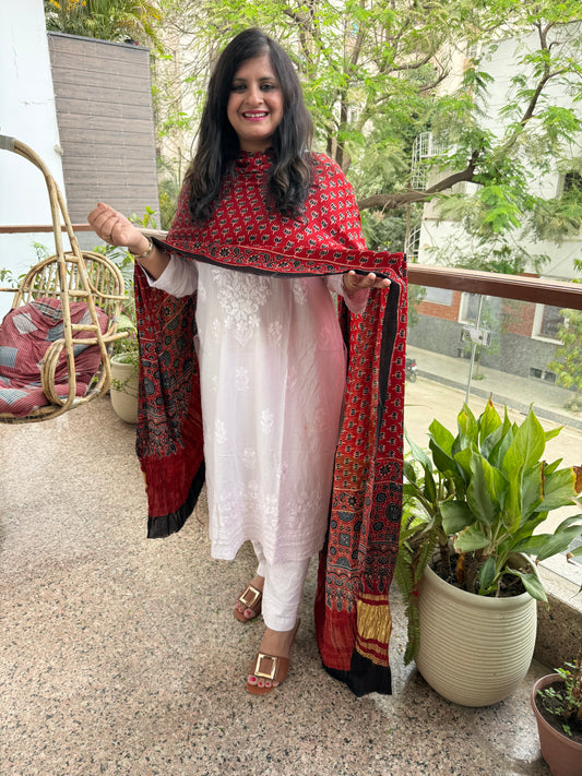 Maroon ajrakh silk zari woven dupatta