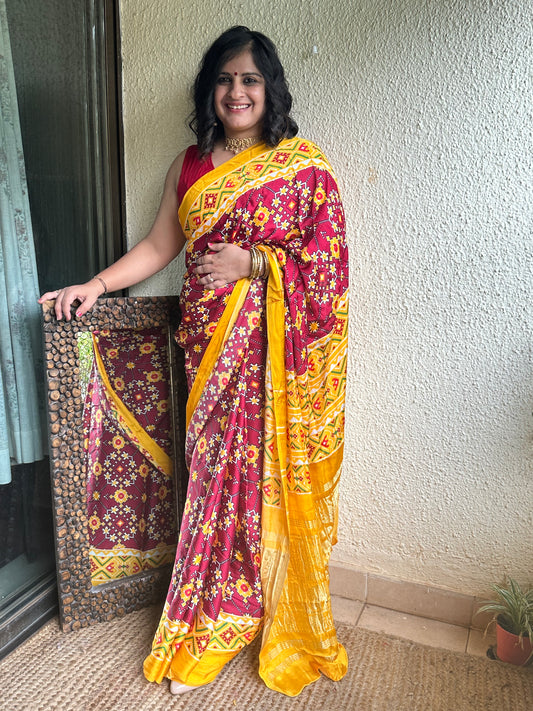 Maroon mustard modal silk patola sari with zari border pms-10120