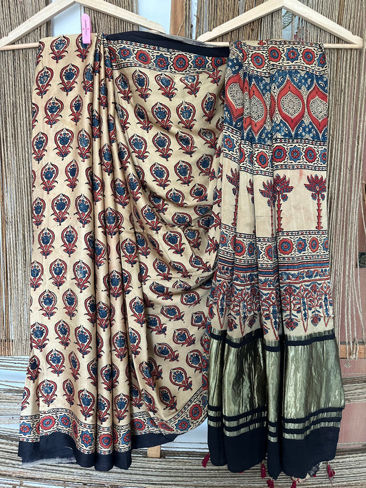 Light brown ajrakh modal silk sari with zari border