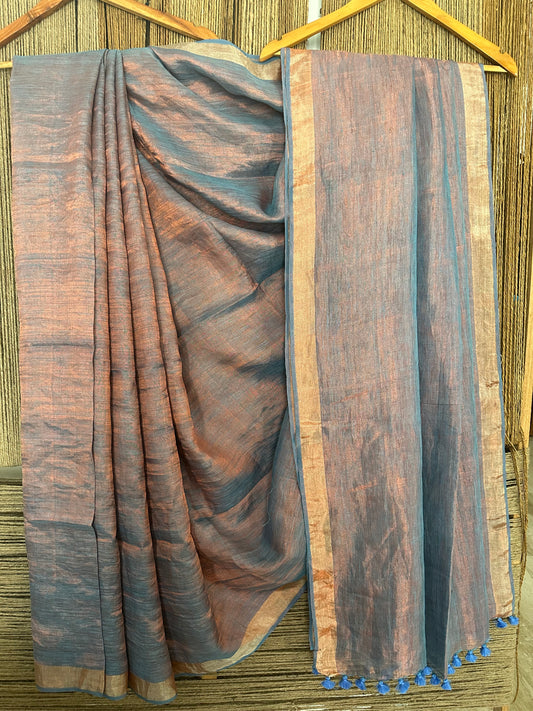 Sky blue copper metallic linen sari with woven border
