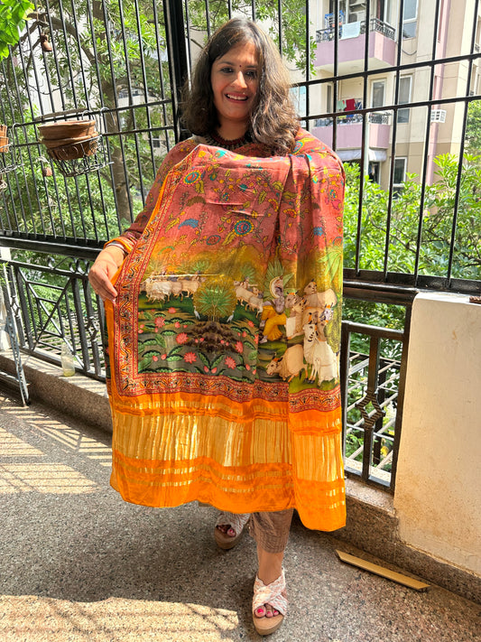 Light brown mustard pichwai patola print modal silk dupatta