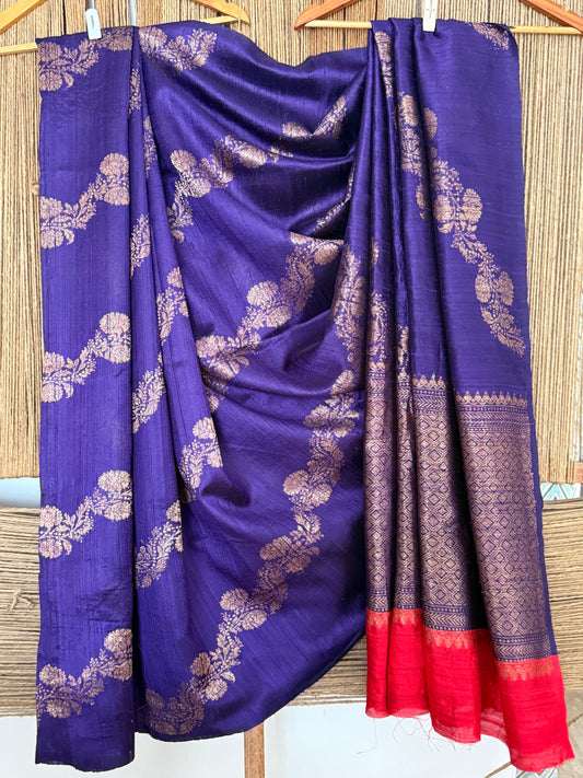 Indigo purple raw silk certified handloom banarsi sari with woven zari