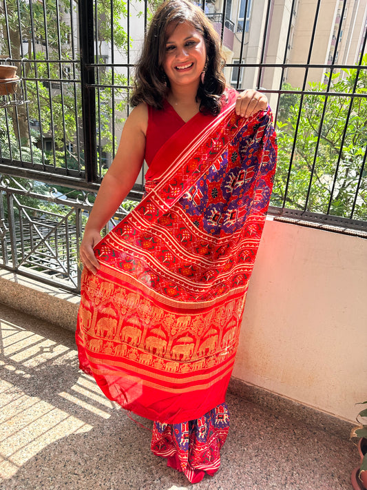 Purple & red modal silk patola sari with zari border pms- 1021