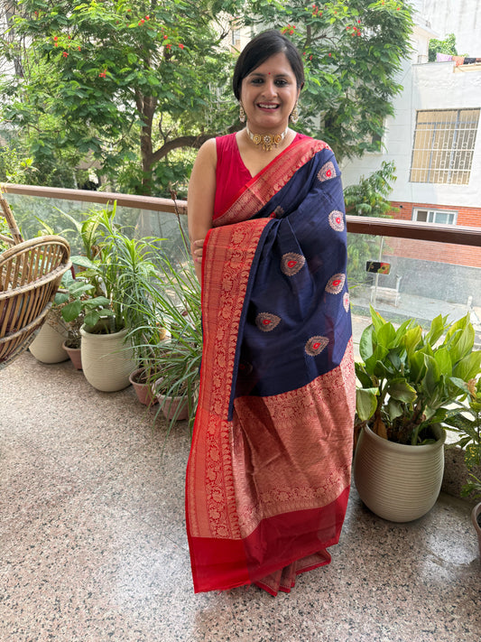 Night blue tussar silk certified handloom banarsi sari with woven zari
