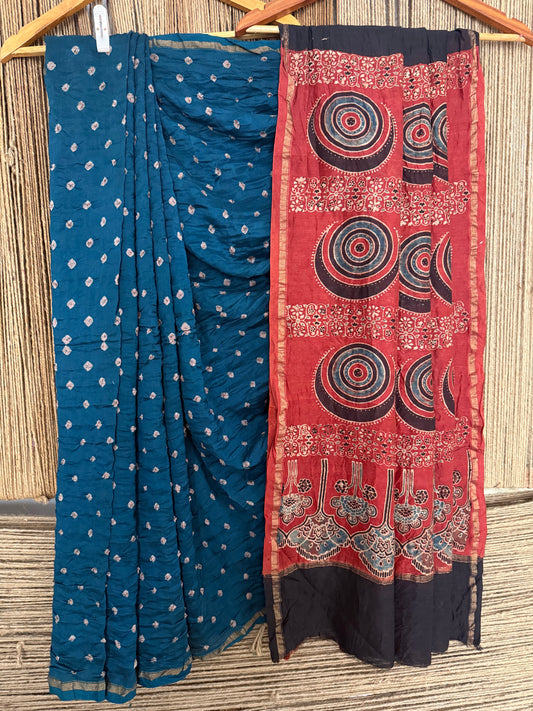 Peacock blue chanderi silk bandhani handcrafted ajrakh sari