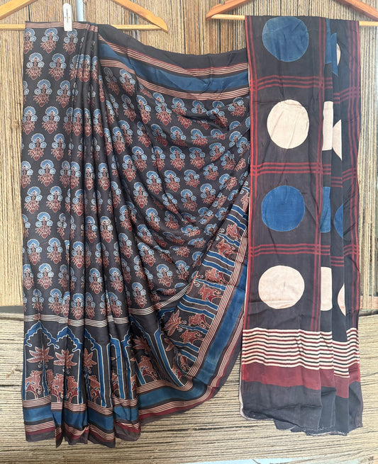 Black ajrakh modal silk sari