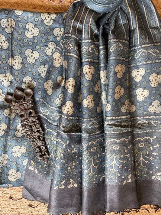 Indigo blue ajrakh tussar silk handblock suit set tss- 15
