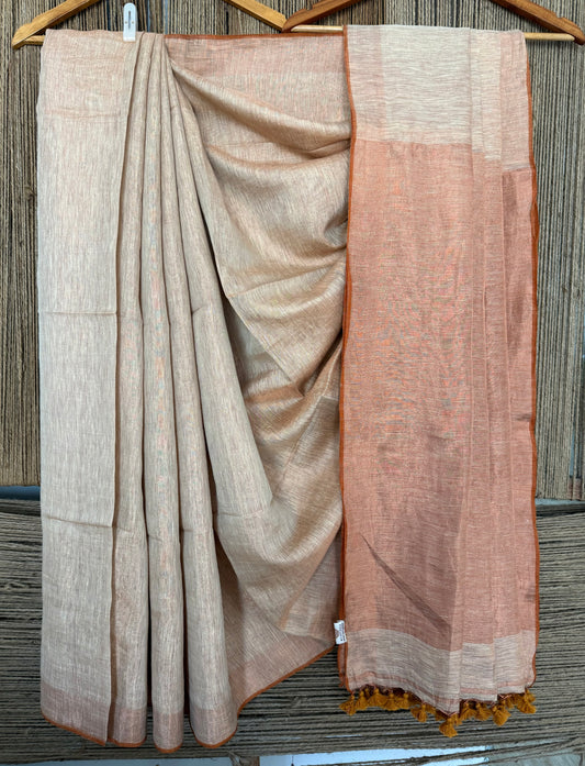NAIVE PEACH COPPER TISSUE LINEN ZARI SARI WITH WOVEN RED BORDER TL-50