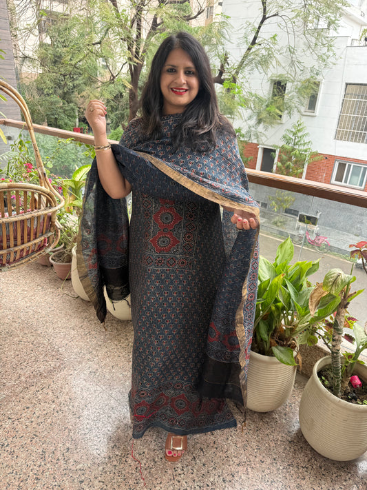 Indigo blue ajrakh butta linen silk handblock suit set