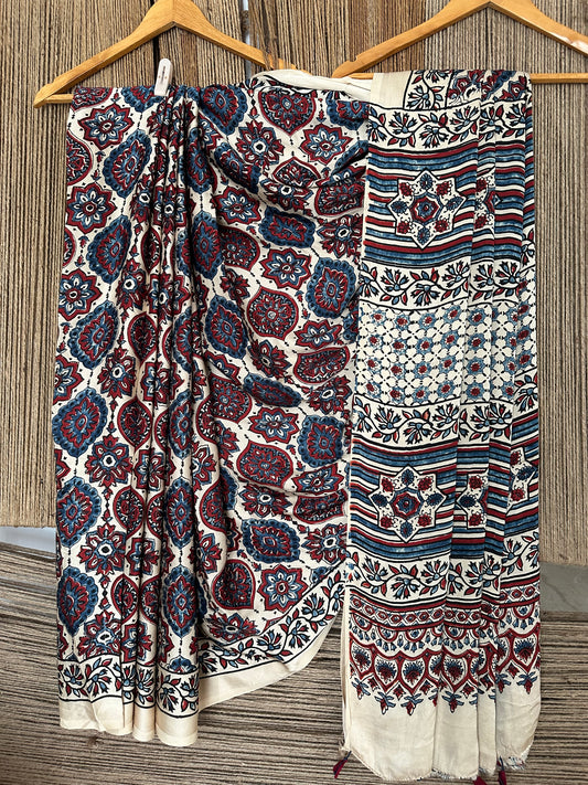 Beige badam butta ajrakh modal silk sari with border