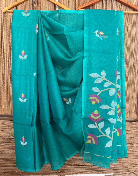 Teal blue jamdani handwoven pure muslin silk sari