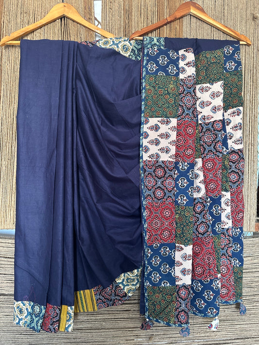 Nevy blue patch work ajrakh hand crafted mull saree