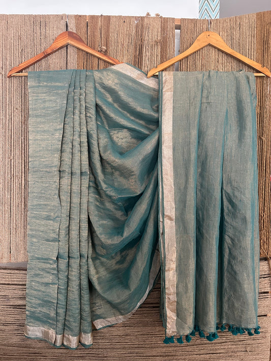 Dark cyan metallic linen sari with woven border