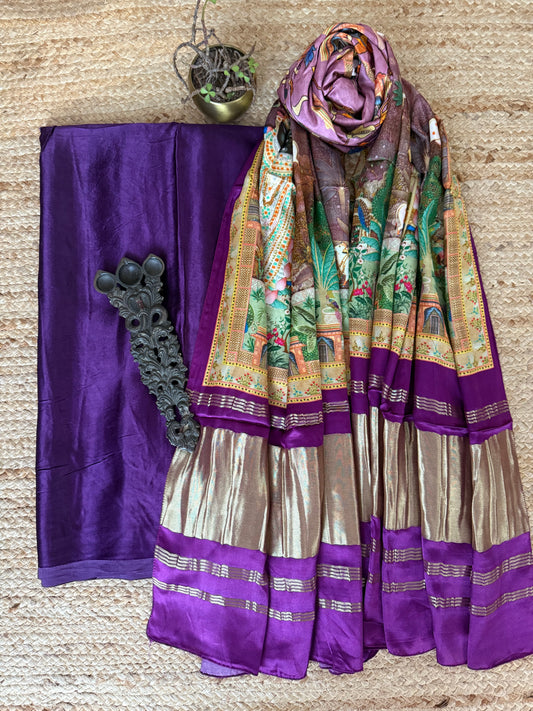 Purple solid mashru silk kurta with patola pichwai handcrafted modalsilk dupatta ps-241