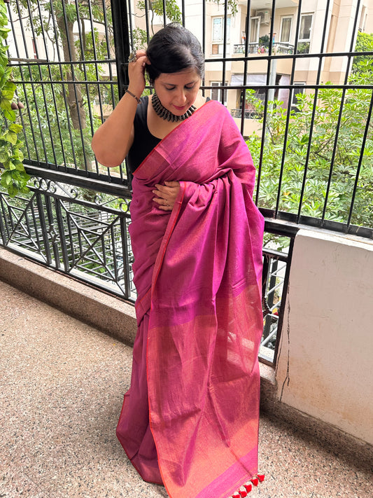 PURPLE PINK SILVER TISSUE LINEN ZARI SARI WITH WOVEN RED BORDER TL-21