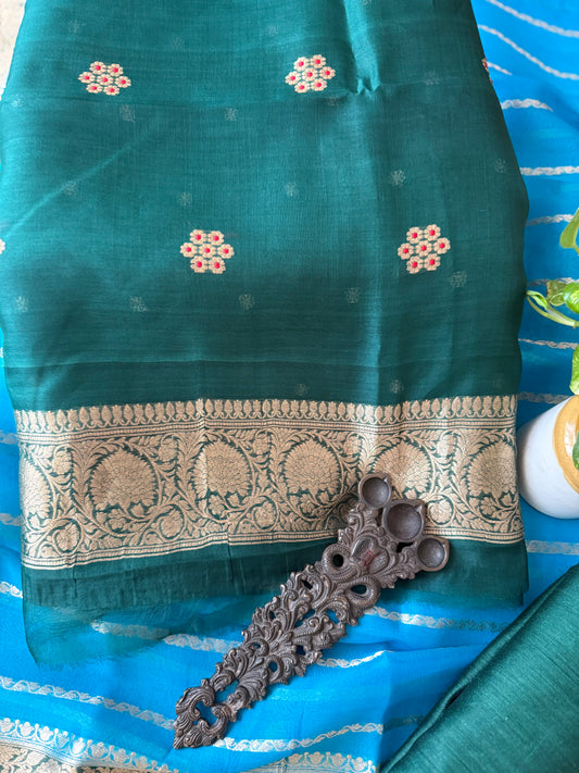 BOTTLE GREEN KORA SILK CERTIFIED HANDLOOM BANARSI KADWA BUTTI WITH WOVEN ZARI THREE PIECE SUIT