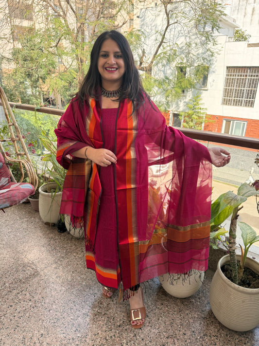 Jazzberry jam pink maheshari border silk handloom kurta set