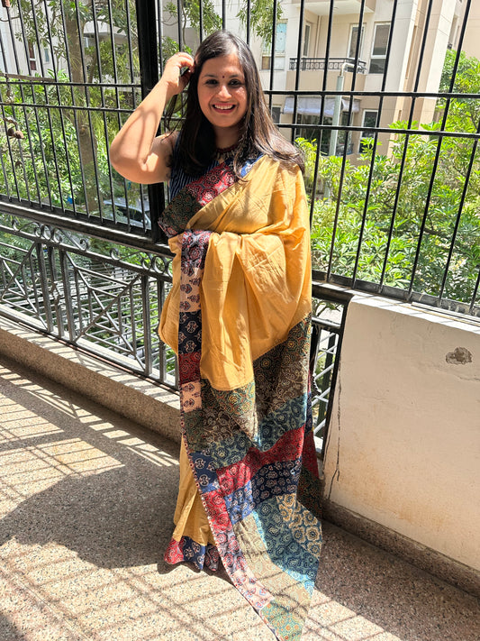 Tan brown patch work ajrakh hand crafted mull saree