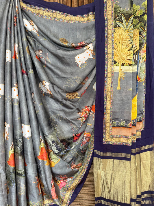 Grey blue pichwai modal silk patola print sari with zari border pms- 1011