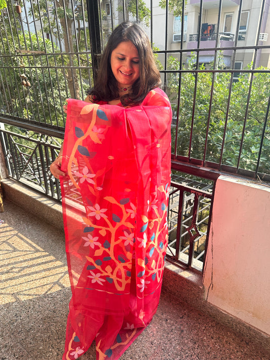 Dark pink jamdani handwoven pure muslin silk sari