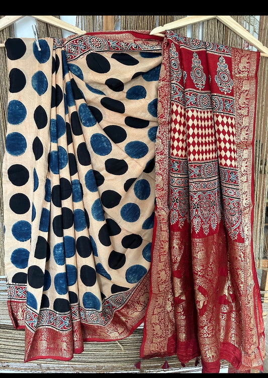 BEIGE POLKA DOT DOLA SILK AJRAKH ZARI BORDER SARI