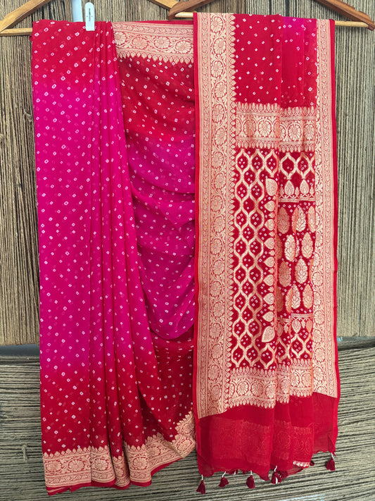 Deep pink & red ombrã© shade handwoven neem zari bareek bandhani saree with khaddi georgette bs- 301
