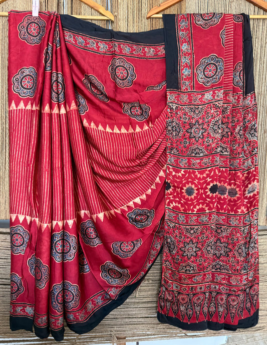 Maroon ajrakh handcrafted modal silk sari