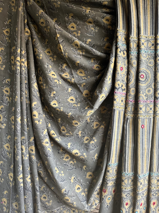 Mehendi green cotton ajrakh handembroidery sari
