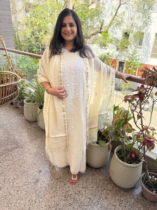 Pale pink premium mull chanderi lucknowi chickenkari with moti work hand embroidery three piece suit