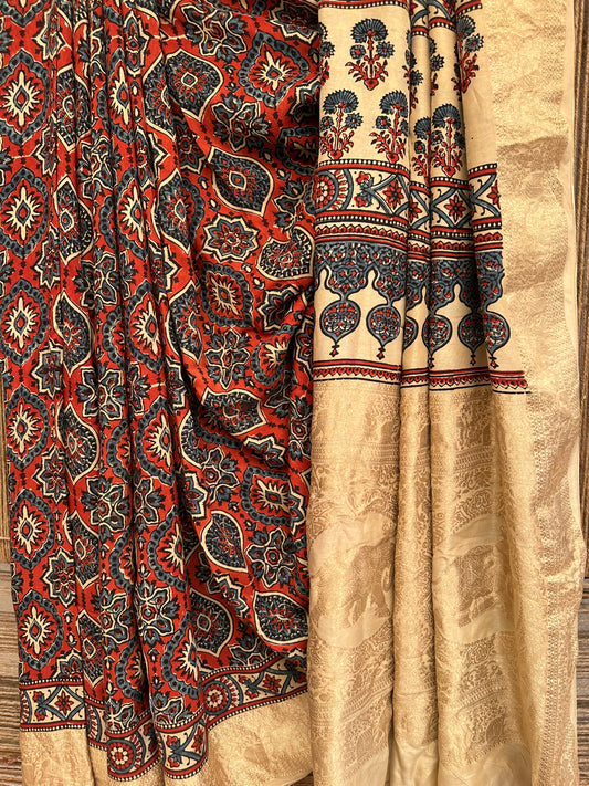 Beige dola silk ajrakh zari border sari