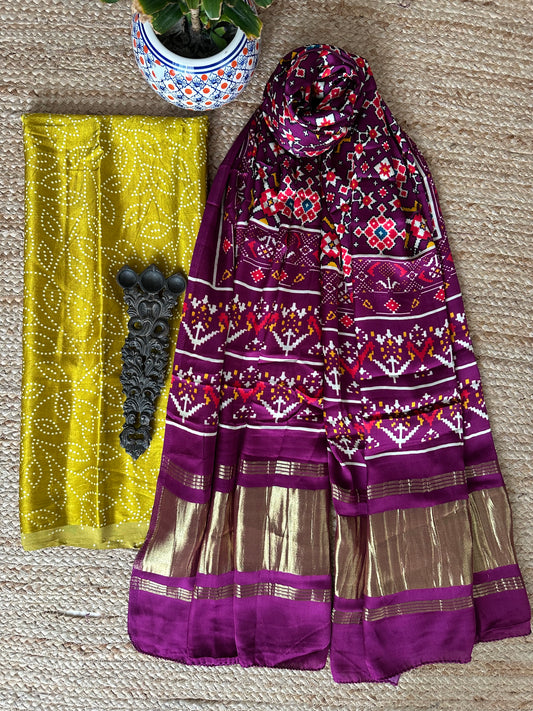 Mustard mashru silk kurta with patola printed modal silk dupattas ps-17