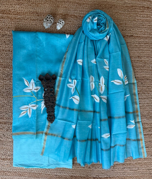 BABY BLUE CHANDERI HANDBLOCK SUIT SET