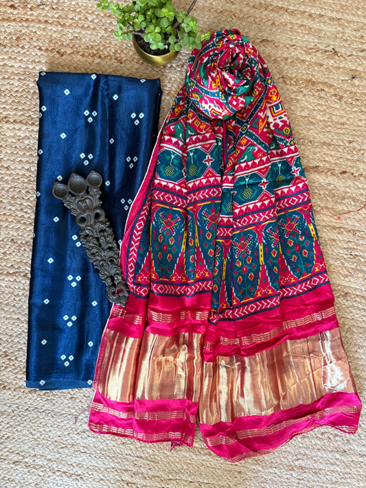 Blue three dotmashru silk kurta with patola handcrafted modal silk dupatta ps-211