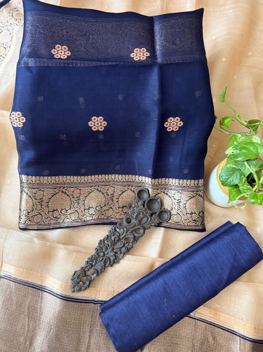 ROYAL BLUE RAW SILK CERTIFIED HANDLOOM BANARSI KADWA BUTTI WITH WOVEN ZARI THREE PIECE SUIT
